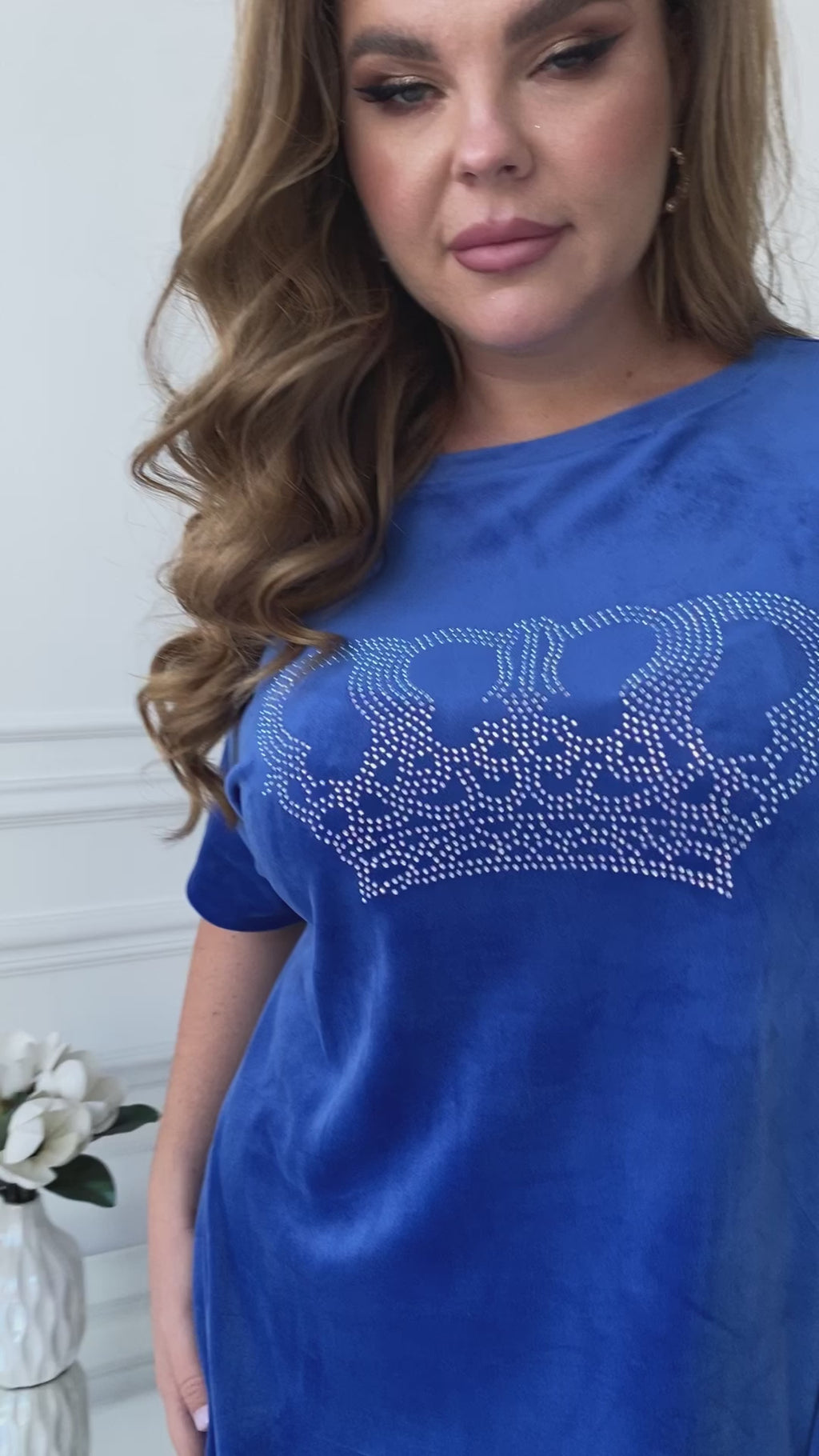 Home Dress Relaxed Fit Velour Rhinestone Print with Pockets Plus Size