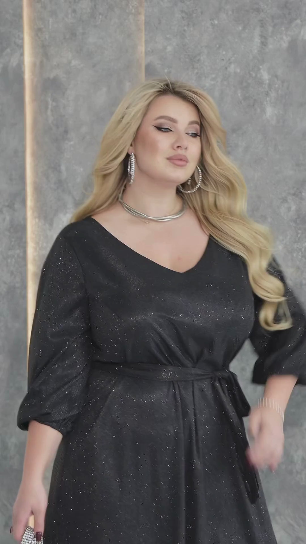 Women's Maxi Evening Dress Glitter Lurex Knit Three Quarter Sleeve V-Neck Plus Size